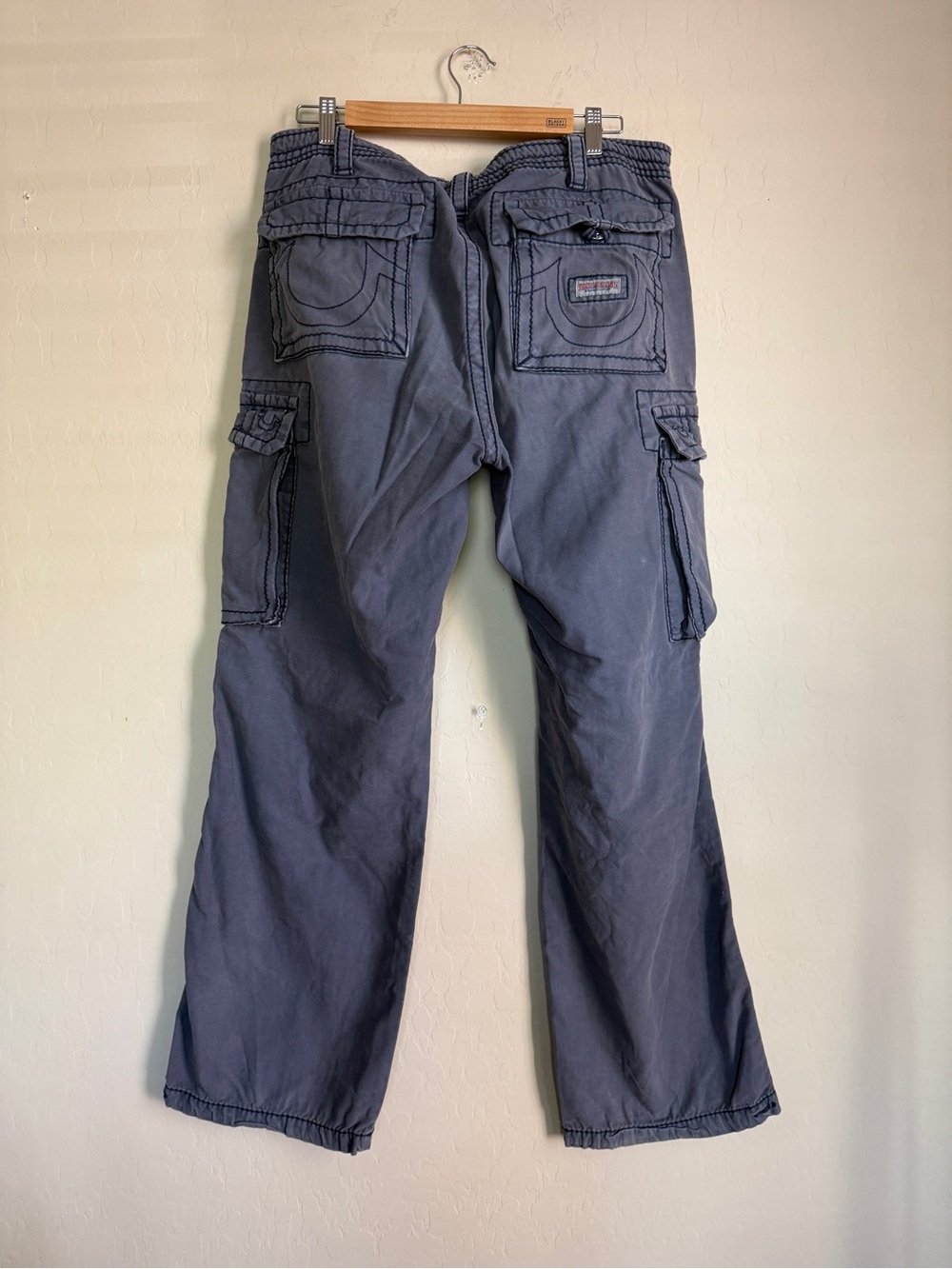 True Religion Y2K Vintage Men's Cargo Pants Slate Blue Flap Pocket 34 Wide Leg